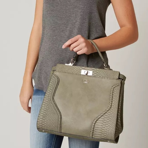 Guess Georgie satchel Olive green with Crossbody Strap Snake Skin Print - Picture 16 of 16